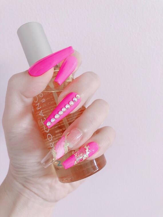 Hot Pink W Matble Foil And Rhinestones Design Nail Art Press Etsy India