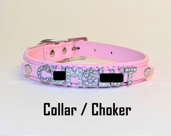 Collar Cumslut / Gargantilla de cuero vegano BDSM / Collar Kink de cuero sintético / Gargantilla de juego de mascotas sumisa malcriada / Cum Slut Hotwife Rhinestone Glam