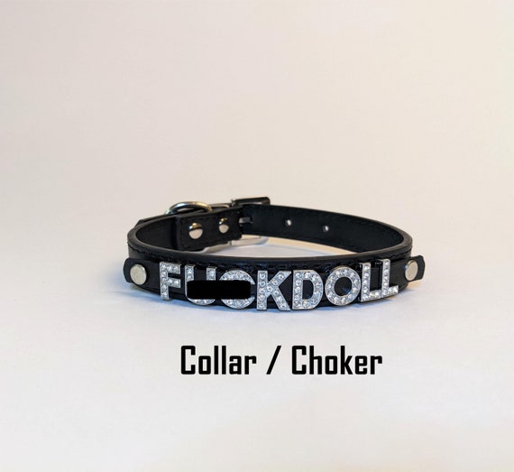 Fuckdoll Collar / BDSM Vegan Leather Choker / Faux Leather Kink Collar / Cum Slut Hotwife Rhinestone Glam / Slut Bondage Play Sex Collar