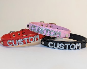 Collar personalizado / Gargantilla BDSM personalizada de cuero vegano / Collar de perversión personalizado con letras de diamantes de imitación glamurosas / Regalo para sumisos