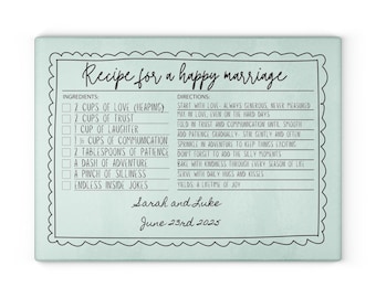 Regalo de boda personalizado, tabla de cortar de cristal con la receta para un matrimonio feliz