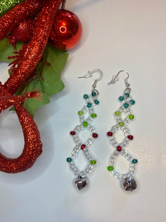 Handmade Christmas beaded drop earrings | Etsy