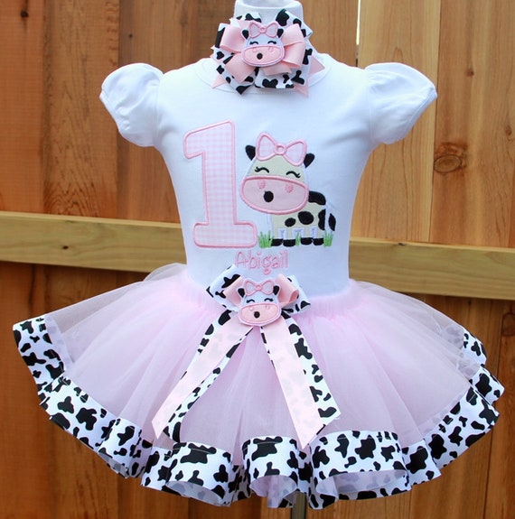 Barnyard Pink Farm Cow Ribbon Trim Birthday Tutu outfit Personalized Tutu set Birthday shirt