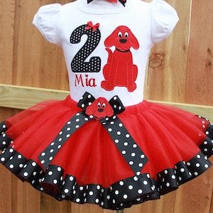 Big Red Dog  Ribbon Trim Birthday Tutu outfit Personalized Birthday Outfit