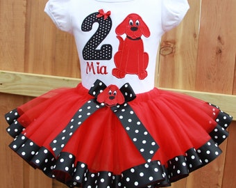 Big Red Dog  Ribbon Trim Birthday Tutu outfit Personalized Birthday Outfit