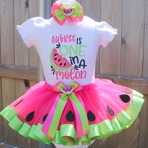 Personalized One in a Melon Watermelon Birthday Ribbon trim tutu outfit , 1st birthday outfit , Watermelon themed set , Summer birthday