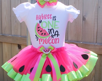 Personalized One in a Melon Watermelon Birthday Ribbon trim tutu outfit , 1st birthday outfit , Watermelon themed set , Summer birthday
