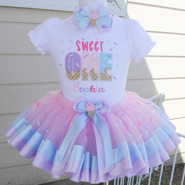 Personalized Birthday Tutu Sweet One Ice Cream Sprinkles Birthday Ribbon trim tutu outfit , Ice-cream party themed set , Summer birthday set