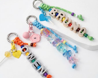 Custom Letter Bead Keychain, Personalized Name Charm, Colorful Handmade Braided Accessory