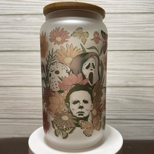 16 oz Frosted Glass Horror Flowers Sublimation Can Tumbler with Bamboo Lid and Clear Straw