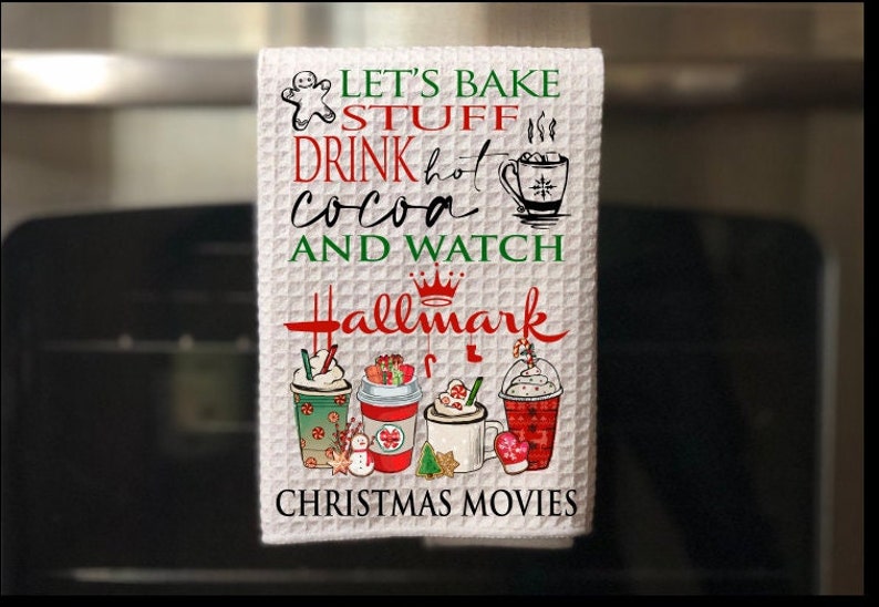 Lets Bake Stuff Drink Hot Cocoa Watch Hallmark Christmas Movies Sublimated Waffle Tea Towel image 2