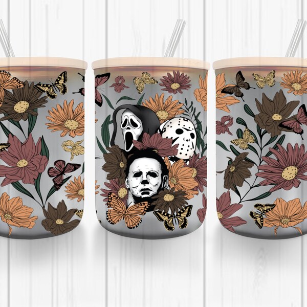 15 oz  Frosted Glass Mug | Horror Flowers | Sublimation | Bamboo Lid and Clear Straw | Coffee | Cold ONLY