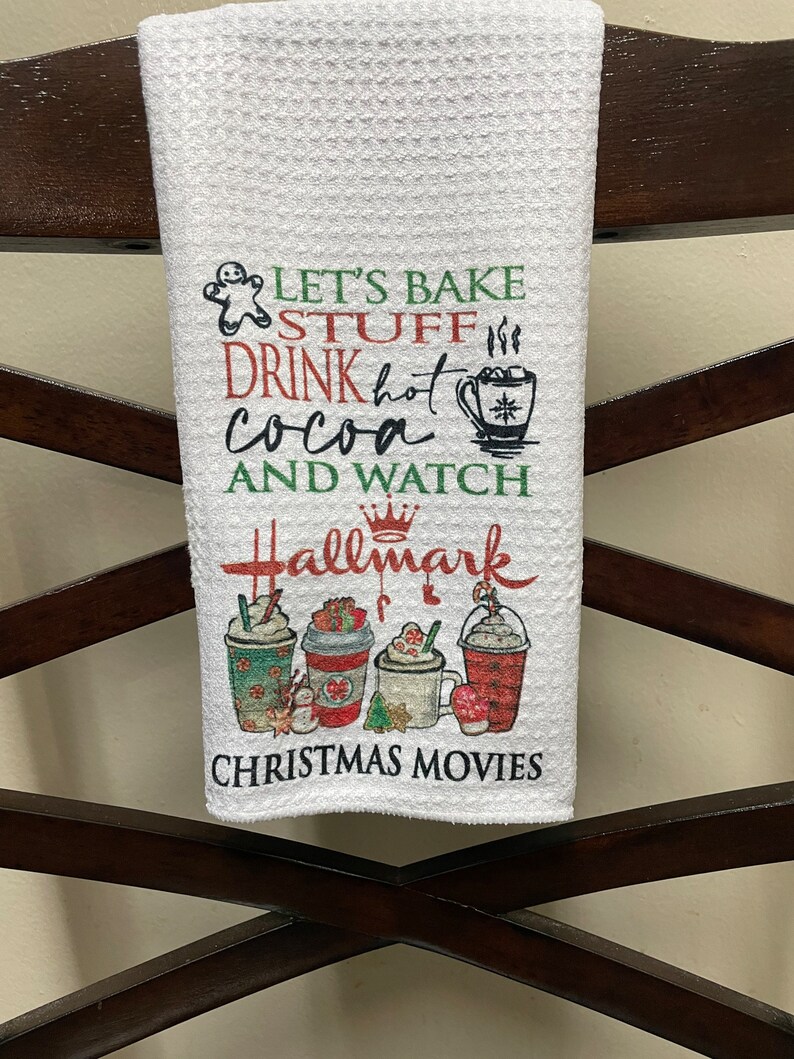 Lets Bake Stuff Drink Hot Cocoa Watch Hallmark Christmas Movies Sublimated Waffle Tea Towel image 1