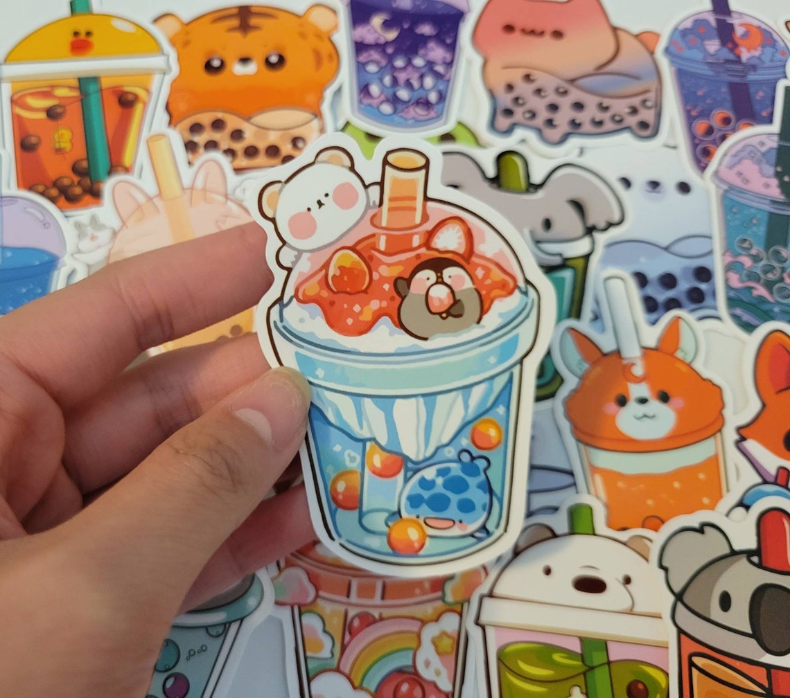 Random Boba Animal Boba Aesthetic Sticker Random Pack, Boba Drinks, Waterproof ...