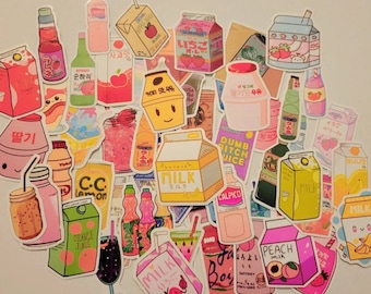 Aesthetic Drink Sticker Japanese & Korean Style Random Pack, Waterproof Stickers, Water Bottles Stickers Variety Pack, Laptop