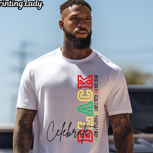 May include: White t-shirt with the word "BLACK" in vertical, colorful letters, and the word "Celebrate" in cursive. The shirt also has the words "HISTORY CULTURE EXCELLENCE" in vertical text. The shirt is short-sleeved.