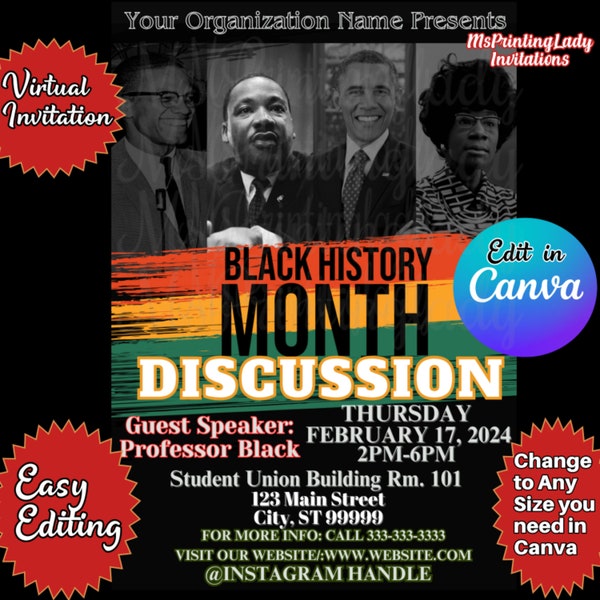BLACK History Month DISCUSSION Digital Editable Flyer - DIY Black History Month Flyers - Edit in Canva