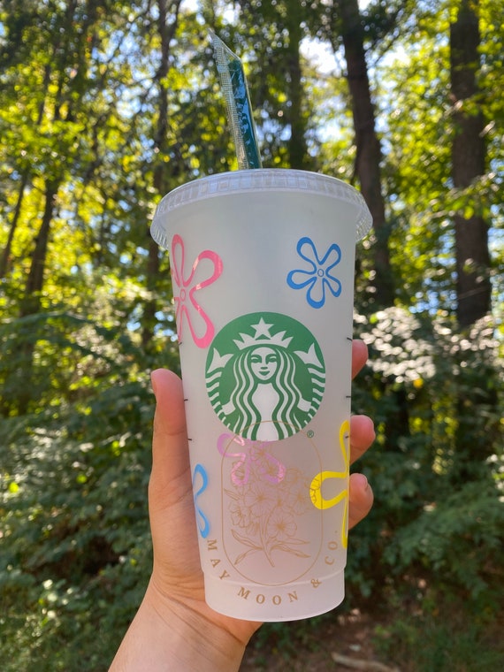 Personalized Spongebob Starbucks Cup jelly fish, seaweed, flowers
