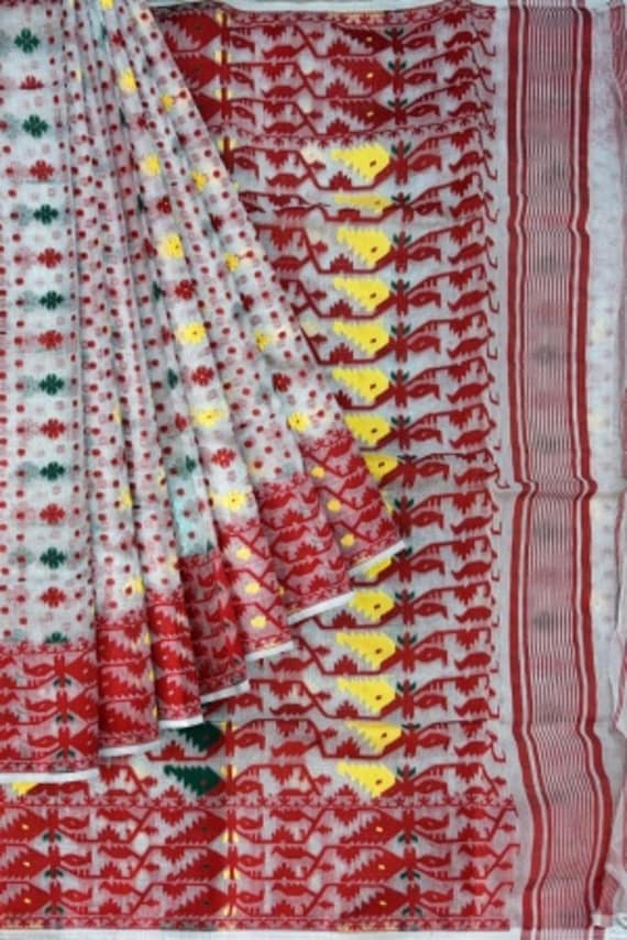 Handloom Jamdani Saree: White & Red Resham Cotton, Woven Floral Design