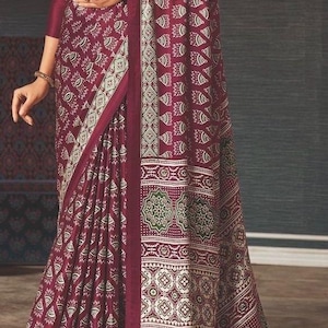 Modal Silk Saree with Printed Ajrakh Pattern, Red modal art silk saree with printed Ajrakh patterns