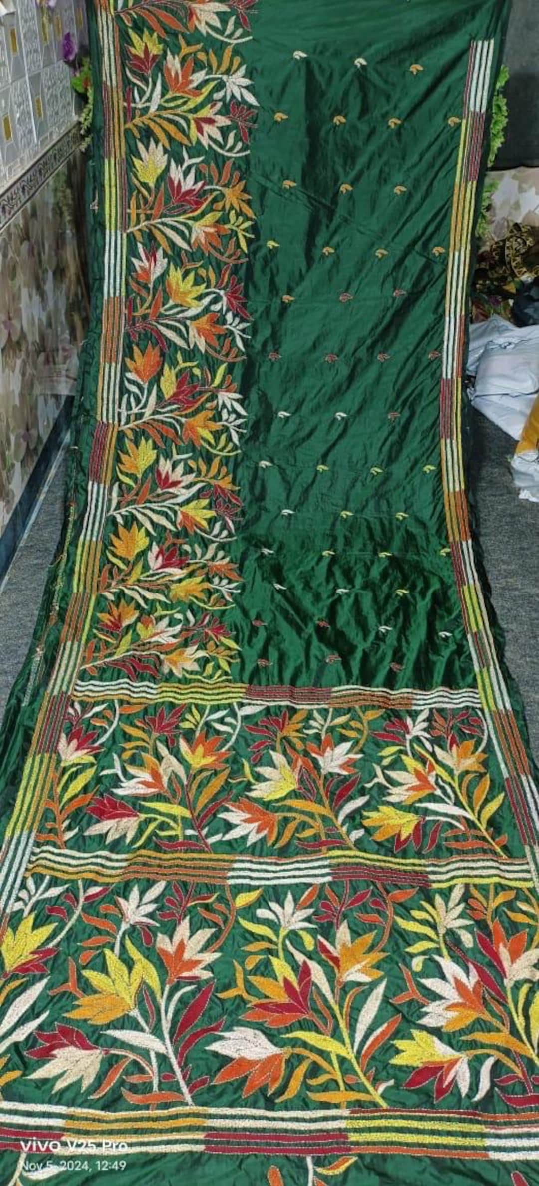Green - Bengal Nakshi Kantha Hand Embroidered Silk Saree 29
