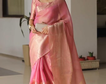 Rosa Seide Saree für Frauen, Designer Rosa Seide Saree mit breitem goldenen Rand, Reich Rosa Seide Saree für Hochzeit und Partykleidung
