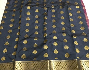 Grey Blue Silk Saree: Rich Zari Woven Floral Motifs