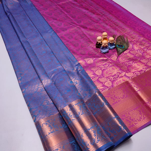 Blue Brocade Silk Saree with Stitched Blouse on demand,  Rich zari work silk saree