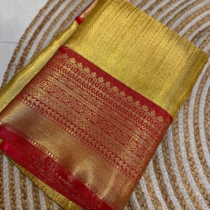 Golden Tissue silk saree with red border and rich pallu, Golden Yellow Tissue saree with red border and pallu for partywear and wedding