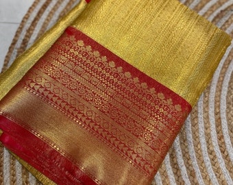 Goldener Seiden Saree mit rotem Rand und reichem Pallu, goldener gelber Stoff Saree mit rotem Rand und Pallu für Partykleidung und Hochzeit