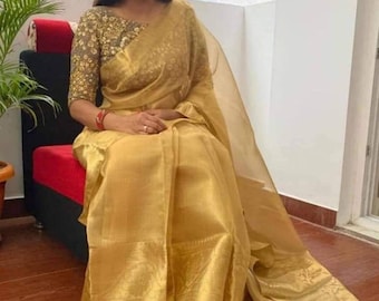 Gold Gewebe Seide Saree für Frauen, Designer Golden Gewebe Saree mit breitem Rand, Reicher Goldener Gewebe Seide Saree für Hochzeit und Partykleidung