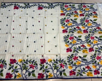 Cream Cotton Silk Saree: Multicolored Floral Motif, Traditional Look