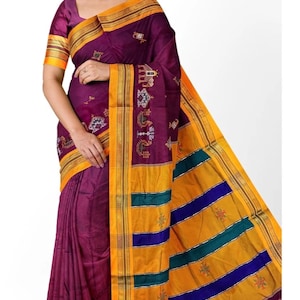 Ilkal Saree with Kasuti Embroidery Work in magenta and yellow for all occasions, Magenta Ilkal Saree in cotton silk with Kasuti Embroidery