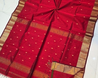 Red Maheshwari Handloom Cotton Silk Saree: Authentic Handlooms saree with zari woven motifs and pallu for Wedding and Party Wear