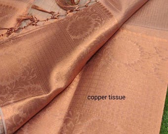 Copper Zari Woven Tissue Saree: Benarasi Soft Silk with Border