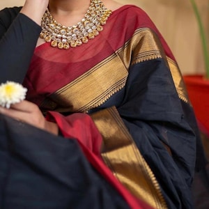 Black Bengal Cotton Saree: Handwoven with Gold & Red Border
