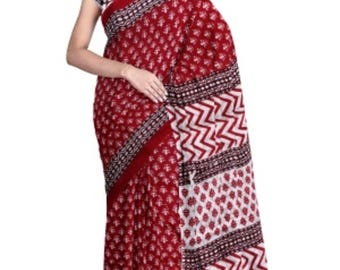 Red Mul Cotton Saree: Floral Sanganeri Print with Blouse Piece