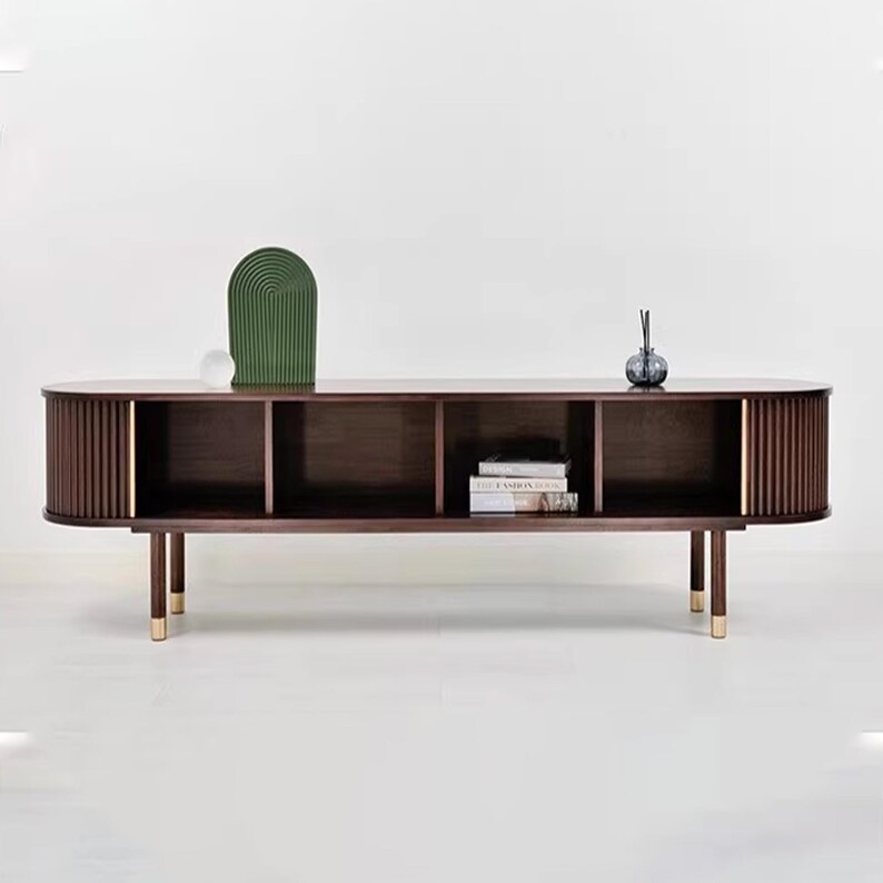 Tv Stand Solid Wood Unique Console Table With Storage Walnut Cabinet