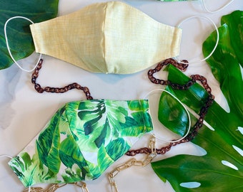 Monstera Palm Leaf Plant print and Yellow Cotton Reversible Adjustable Mask with Removable Gold Link chain or small Tortoise Link chain