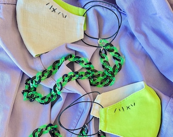 Beige Linen and Lime Green Adjustable Mask with Removable Chunky Black & Green Acrylic Link Chain (oogie boogieman)