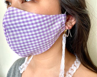 Purple Gingham & Green Gingham Reversible Adjustable Mask with Pearl or white acrylic chunky link chain