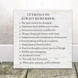 Inspirational  Wood Sign - 12 Things To Always Remember, Positive Thinking Reminders, Home-Office-School Decor, Motivational Gift for Him
