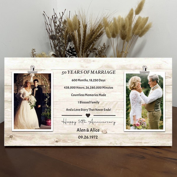 Personalized 50 Years of Marriage Picture Frame, Wedding Anniversary Gift for Parents, Double Picture Frame, Golden Anniversary