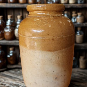 May include: A large, antique stoneware jar in a two-tone colour scheme. The upper section is a warm brown, fading to a lighter beige at the base. The jar has a wide mouth and a slightly textured surface. The background features shelves with various glass bottles.