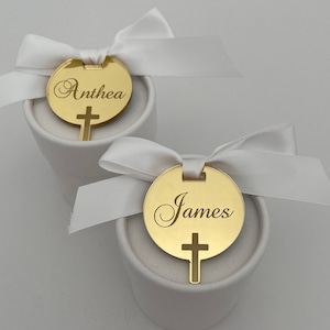 10 x Personalised Acrylic Cross Tag For Wedding Christening Baptism Communion Engagement Baby Shower Bridal Shower Bomboniere