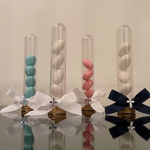 Five Sugared Almonds Bomboniere Clear Tube with Bow and Cross For Christening | Baby Shower | Wedding | Baby Boy | Baby Girl