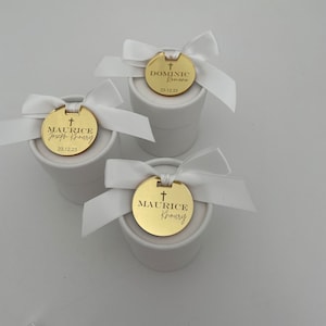 White Round Cardboard Boxes with Acrylic Tag and White Bow Attached To Tag For Bomboniere Favors