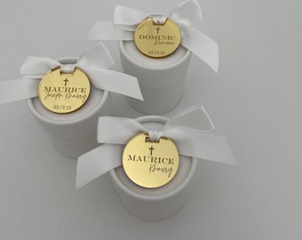 White Round Cardboard Boxes with Acrylic Tag and White Bow Attached To Tag For Bomboniere Favors