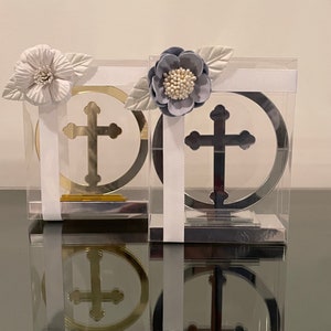 Gold Cross or Silver Cross in Clear Box Bomboniere with Flower Detail