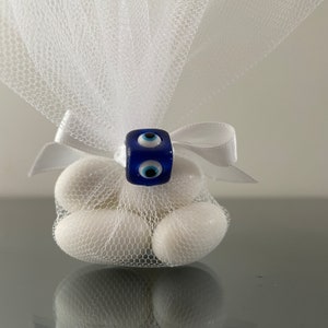 Five Sugared Almonds Evil Eye Bead & White Bomboniere White Tulle White Satin Ribbon | Wedding Bomboniere | Christening Bomboniere